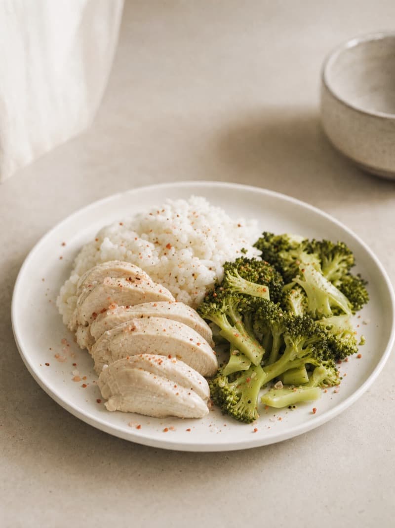 Plain sliced chicken, rice and steamed broccoli on a white plate