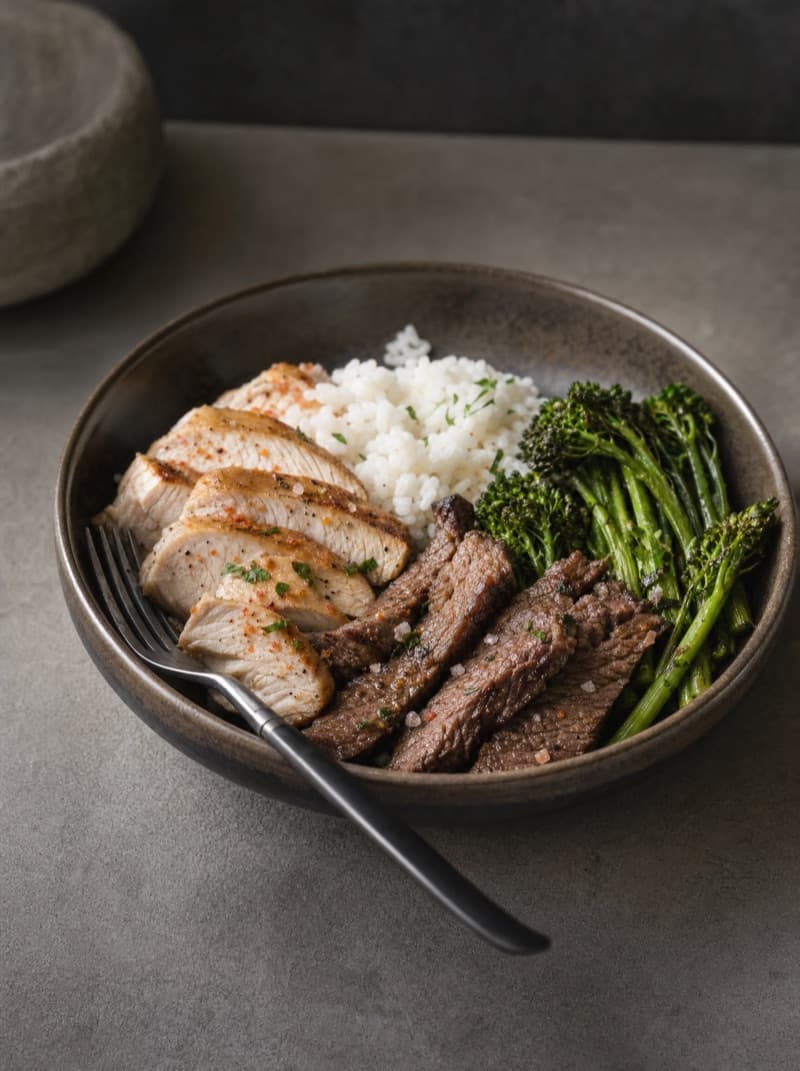Sliced steak and chicken with rice and broccolini in a bowl