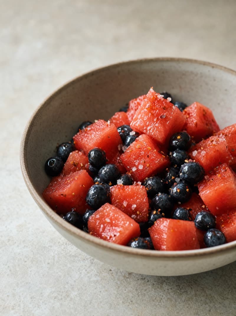 Watermelon and blueberries with a pinch of salt in a bowl