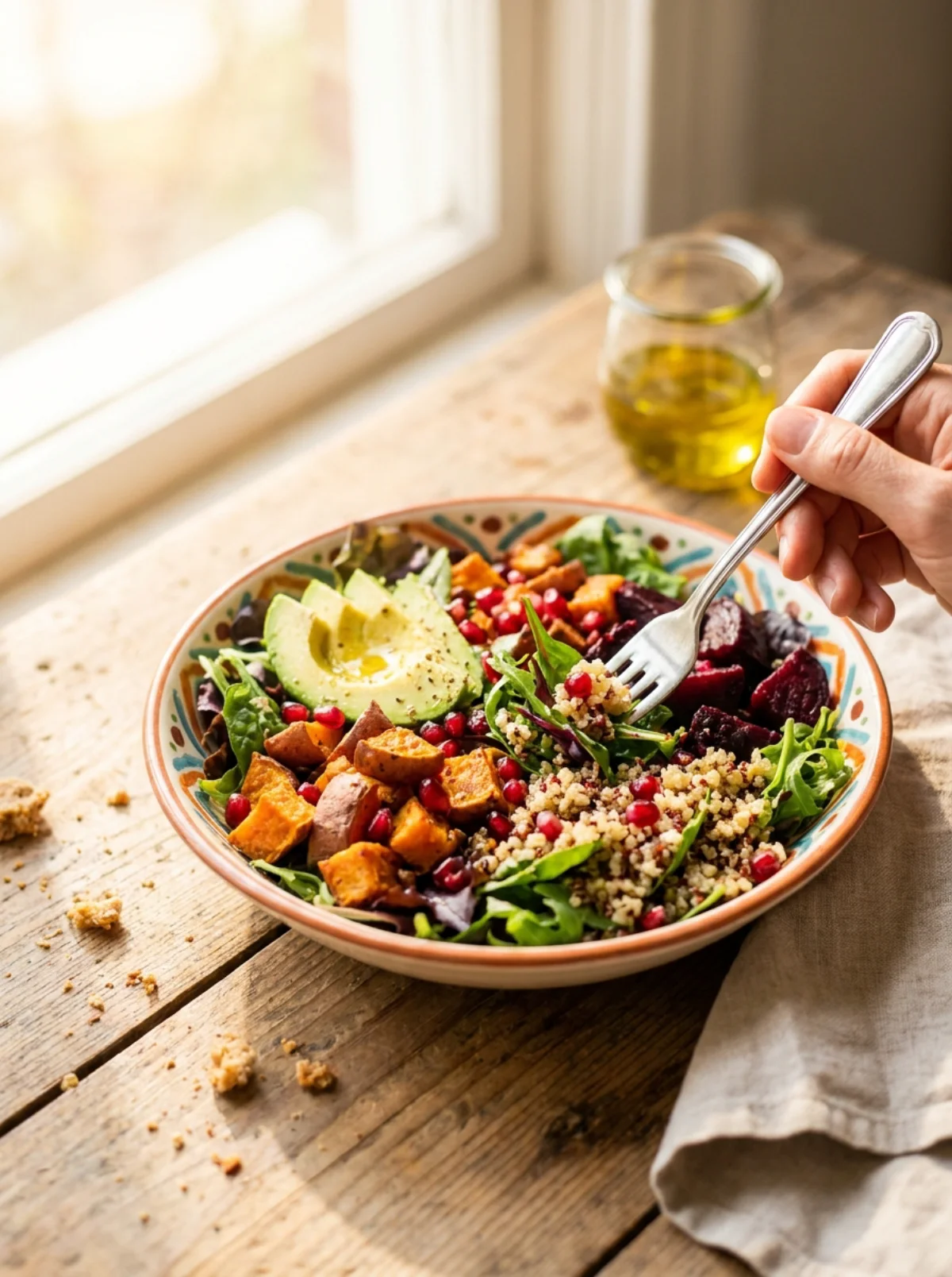 A hand reaching into a colourful fresh salad bowl on a sunlit table