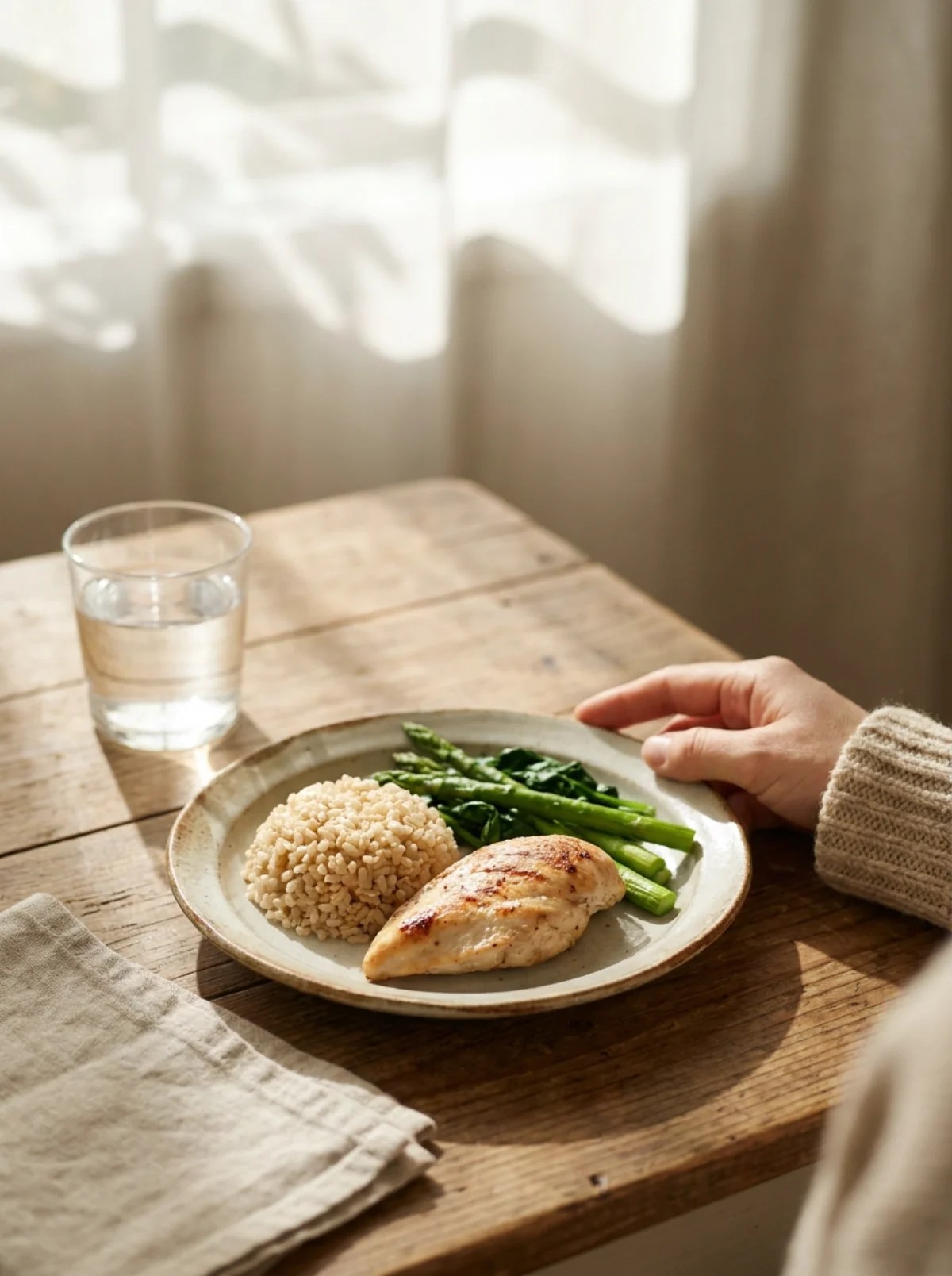 A small, beautifully plated healthy meal with a glass of water on a sunlit table